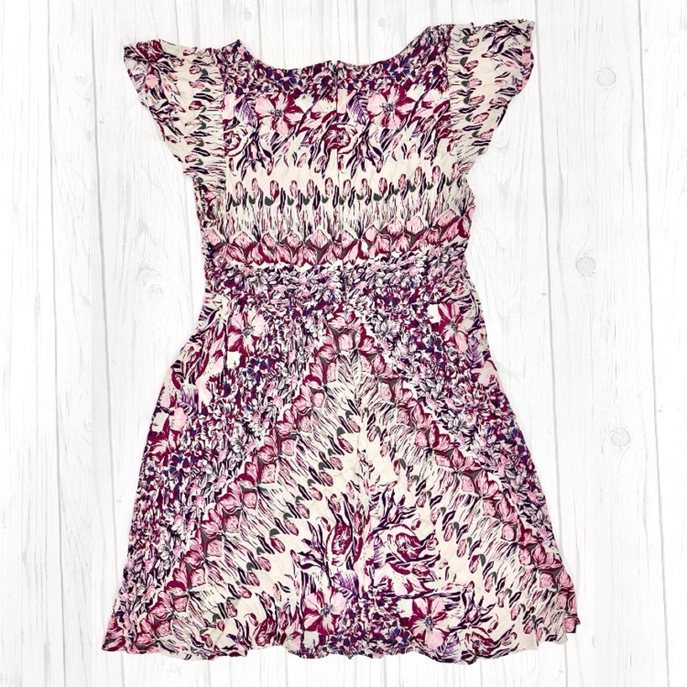 Vintage Free People Pink Geometric Floral Flutter Sleeve Fit & Flare Dress Sz 10